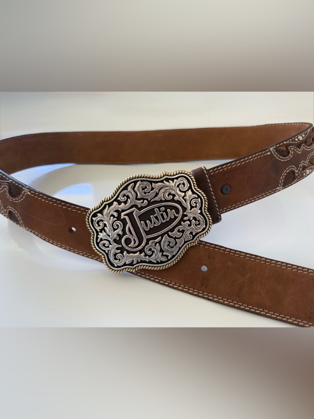Justin Ladies Brown Tooled Leather Belt with Stud Accents | 30”